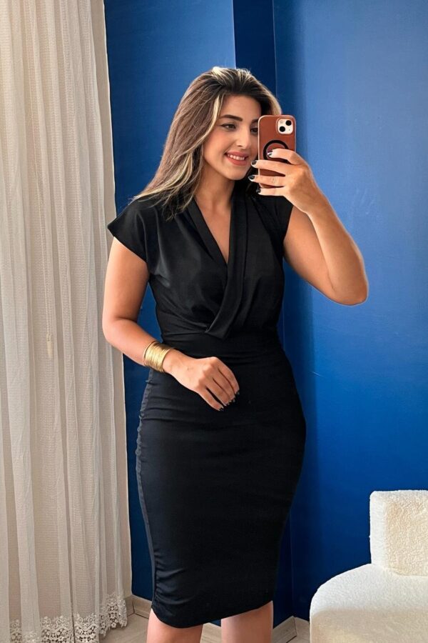 Kadın Kısa Kollu Kruvaze Yaka Krep Elbise (Kemersiz)