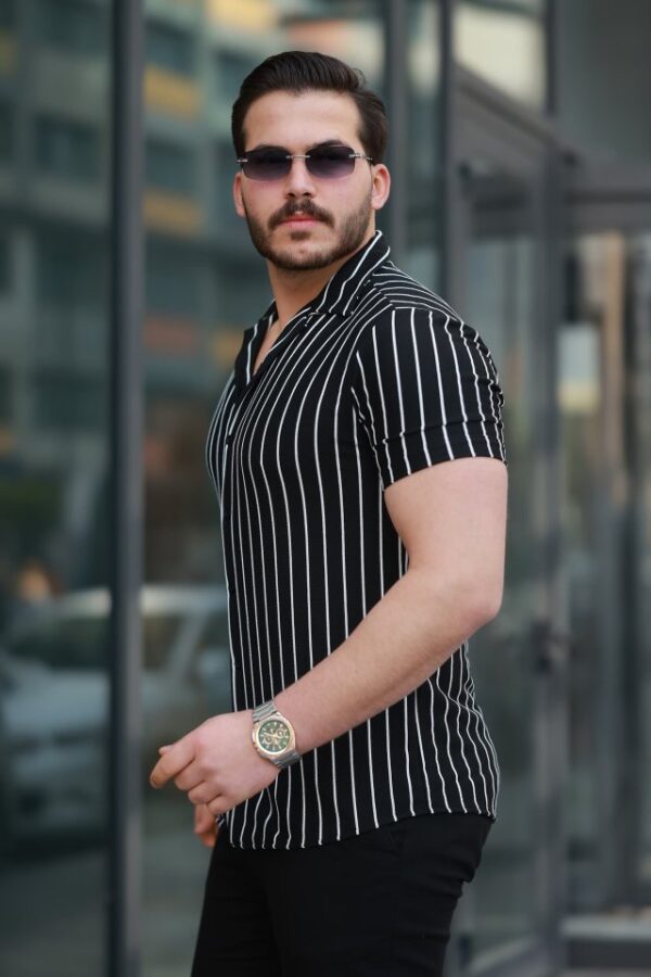 Erkek Kısa Kollu Gri çizgi Desenli örme Kumaş Pamuklu Gömlek