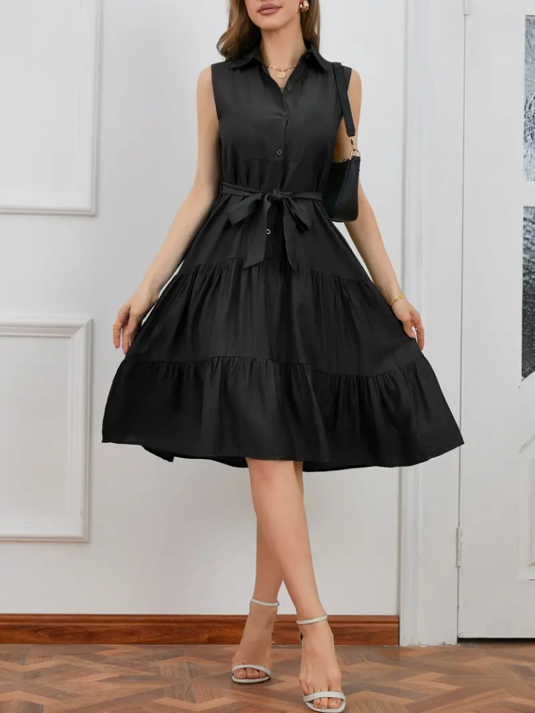 Kadın Kısa Kollu Gömlek Yaka Düğmeli Beli Kuşaklı Katlı Dokuma Midi Elbise - Görsel 2