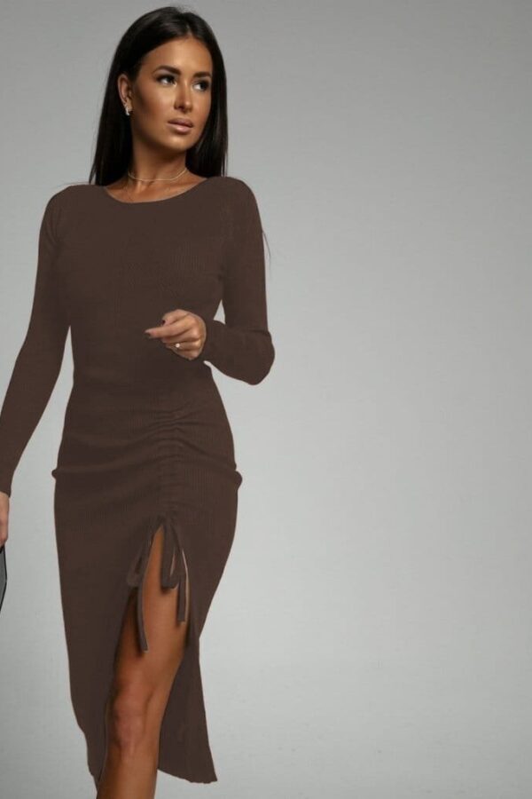 Kadın Uzun Kollu Yandan Büzgülü Yırtmaç Detay Kaşkorse Midi Boy Elbise