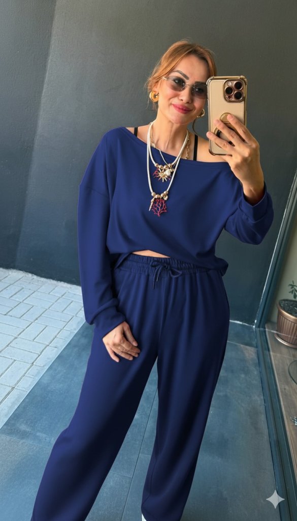 Kadın Uzun Kollu Tek Omuzdan Açık Viskon Iki Iplik Bluz Ve Pantolon Ikili Takım - Görsel 10