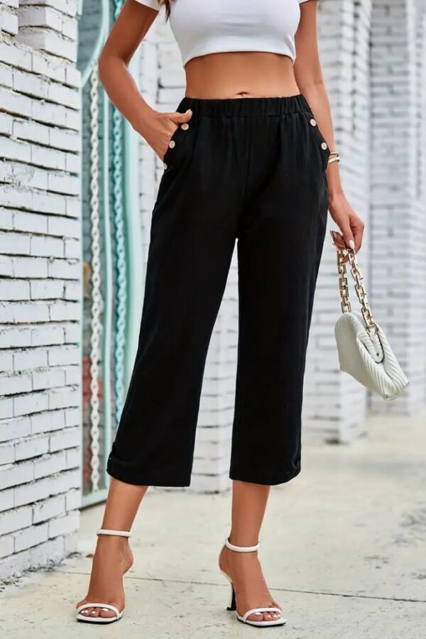 Kadın Beli Lastikli Düğme Ve Cep Detaylı Kapri Ithal Keten Pantolon