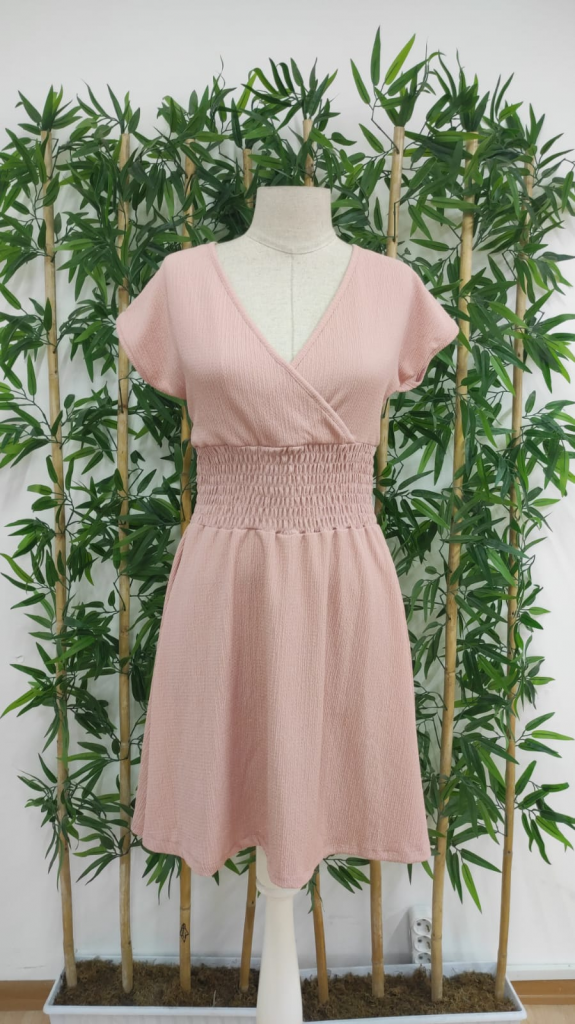 Kadın Kısa Kollu Kruvaze Yaka Beli Gipeli Bürümcük Elbise - Görsel 7