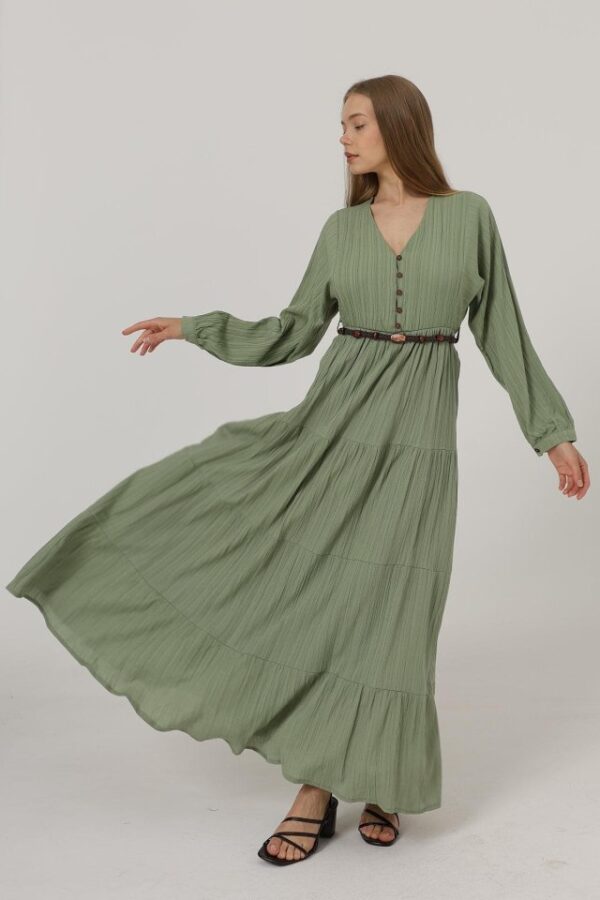 Önü Yarım Düğmeli Uzun Kol Kemerli Elbise - Haki