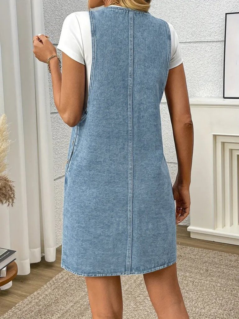 Kadın Askılı Yuvarlak Yaka A Kesim Cep Detaylı Kot Elbise - Görsel 3