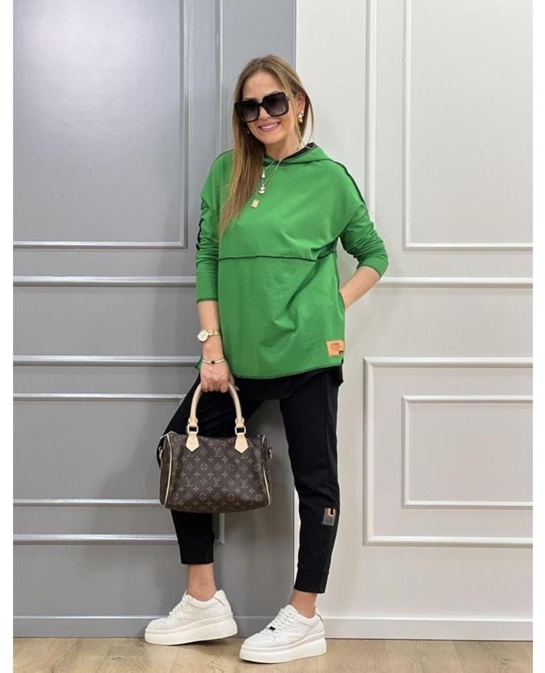 Kadın Yeşil Kapşonlu Etek Ucu Detay Arma Ters Dikiş Gorunumlu Ikili Takım - Görsel 3