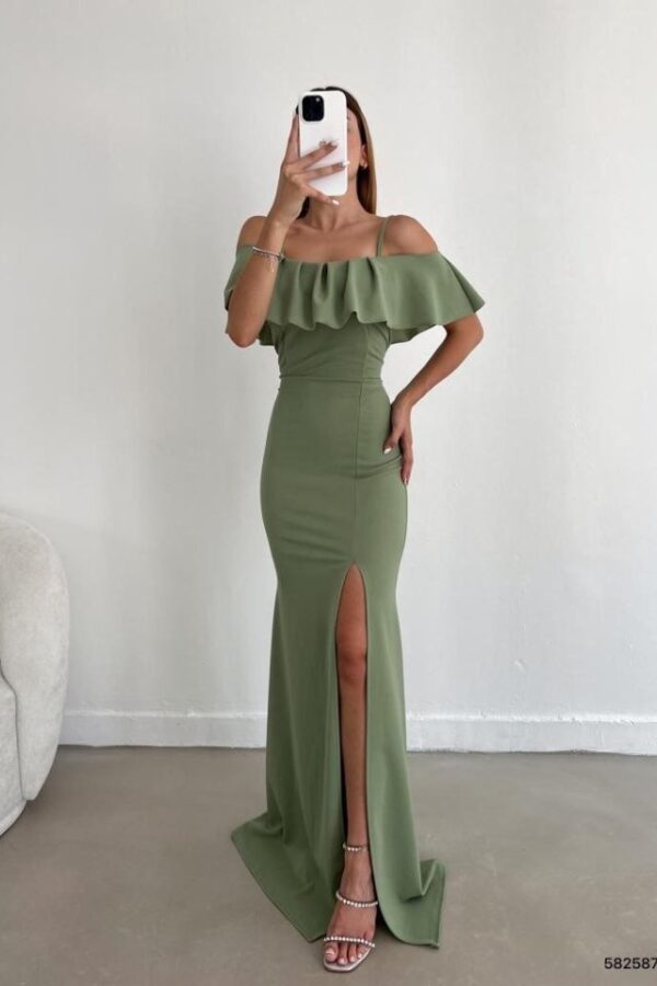 Kadın Dalgıç Krep Yırtmaç Detaylı Askılı Maxi Boy Elbise