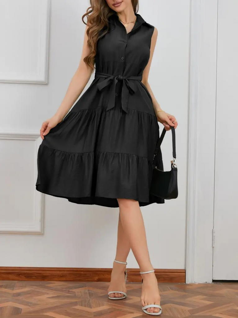 Kadın Kısa Kollu Gömlek Yaka Düğmeli Beli Kuşaklı Katlı Dokuma Midi Elbise - Görsel 5