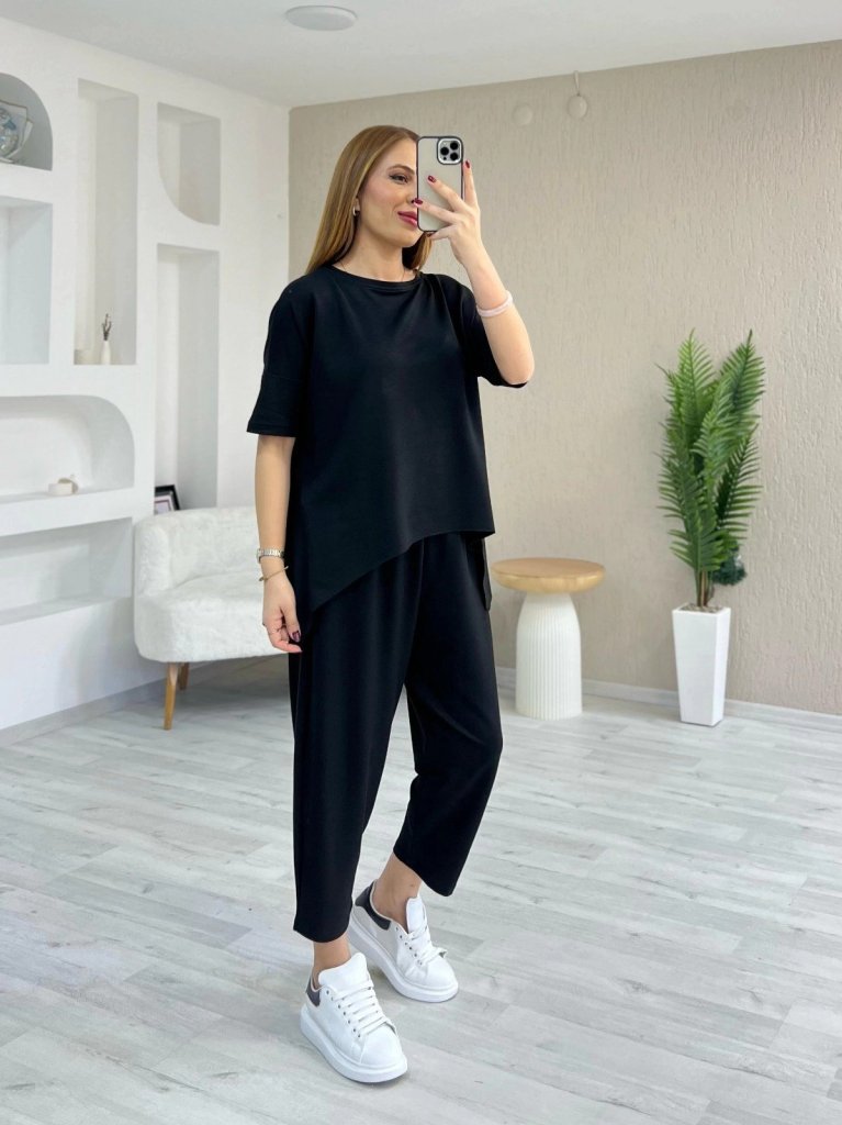 Kadın Kısa Kollu Bisiklet Yaka Viskon Iki Iplik Bluz Ve Pantolon Ikili Takım - Görsel 19