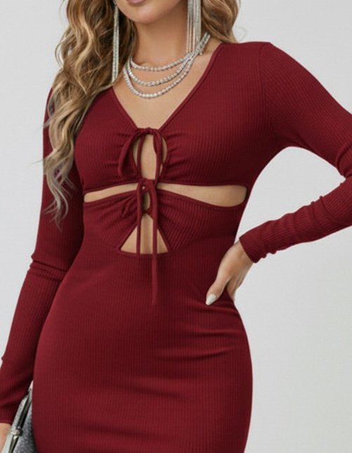 Kadın Uzun Kollu Göğüs Ve Göbek Dekolte Detay Sandy Midi Boy Elbise - Görsel 2