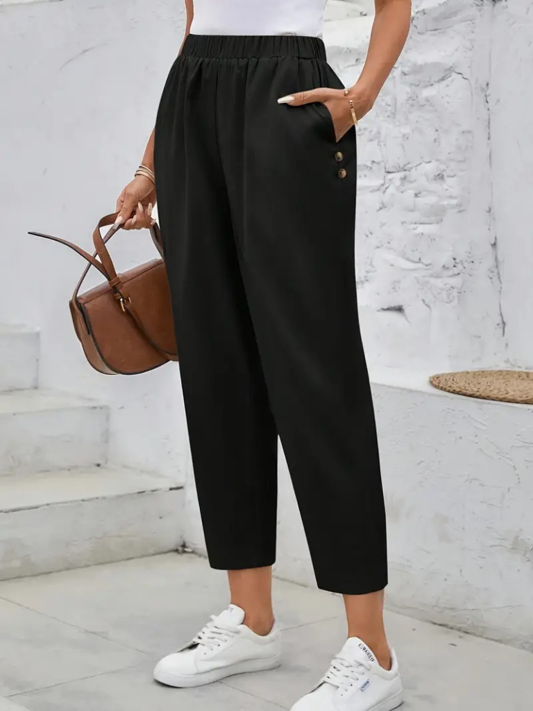 Kadın Yüksek Bel Yandan Cepli Düğme Detaylı Geniş Kesim Ithal Krep Pantolon - Görsel 10