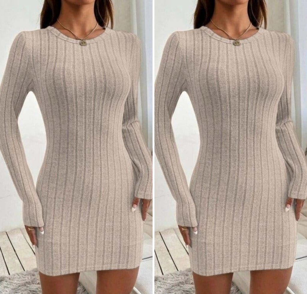 Kadın Uzun Kollu Bisiklet Yaka şardonlu Kalın Fitilli Kaşkorse Mini Boy Elbise - Görsel 7