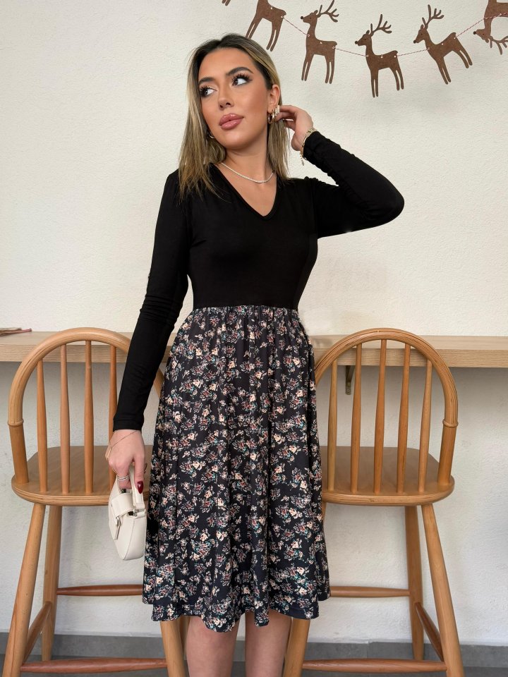 Kadın Uzun Kollu V Yakalı üst Viskon Alt çiçek Desenli Süprem Kısa Elbise - Görsel 5