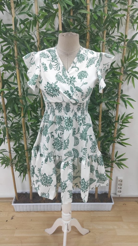 Kadın Kısa Fırfır Kollu Kruvaze Yaka çiçekli Atlas Elbise - Görsel 4