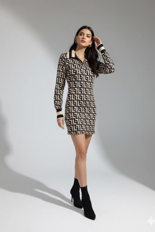 Kadın Uzun Kollu V Yaka Geometrik Desen Detay Mini Elbise