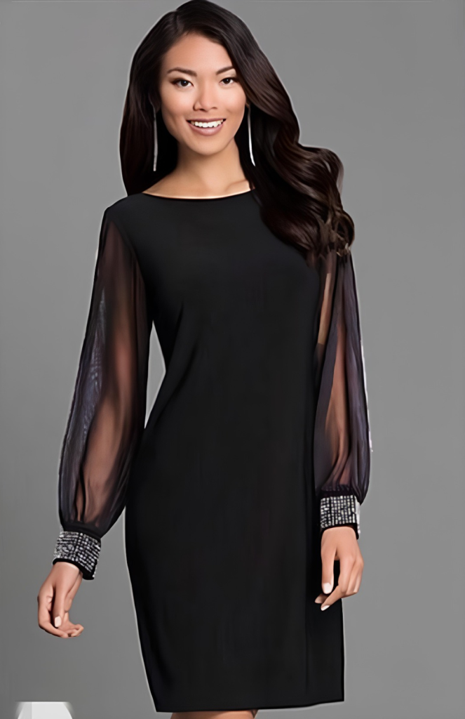 Kadın Uzun Kollu Yakası Yanlardan Hafif Açık Kollar Tül Ve Taş Detay Kısa Krep Elbise - Görsel 3