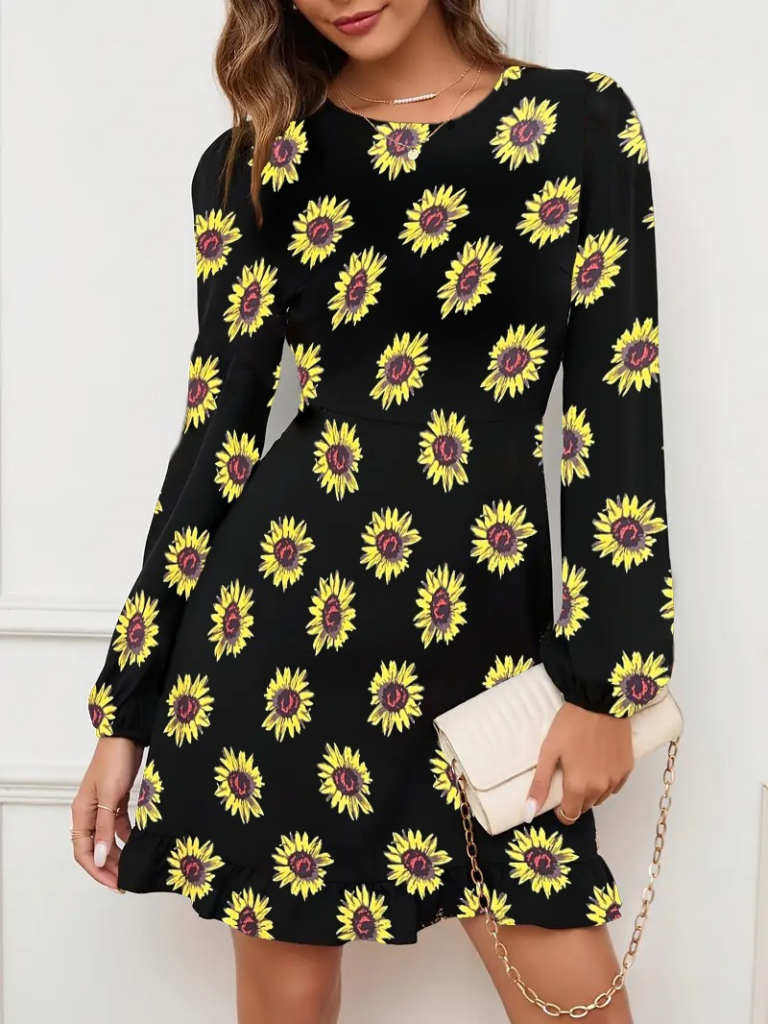 Kadın Uzun Kollu Bisiklet Yaka Desenli Kısa Krep Elbise - Görsel 9