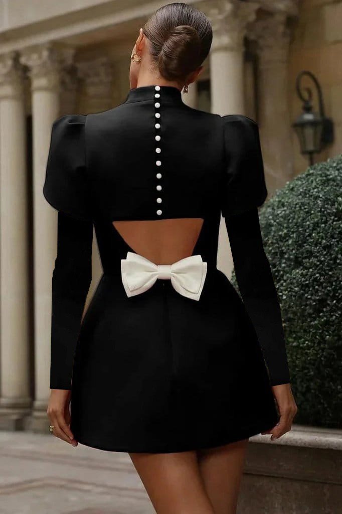 Kadın Uzun Kollu Yarı Balıkçı Yaka Arkadan Kurdela Detaylı Mini Atlas Elbise - Görsel 5