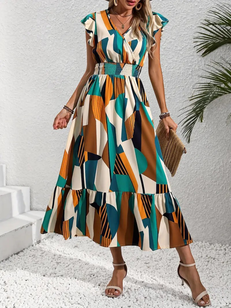 Kadın Kısa Kollu Kruvaze Yakalı Beli Lastikli Desenli Maksi Boy örme Krep Elbise - Görsel 2