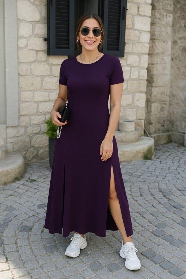 Kadın Kısa Kollu Sırt Dekolteli Yırtmaç Detaylı Viskon Elbise