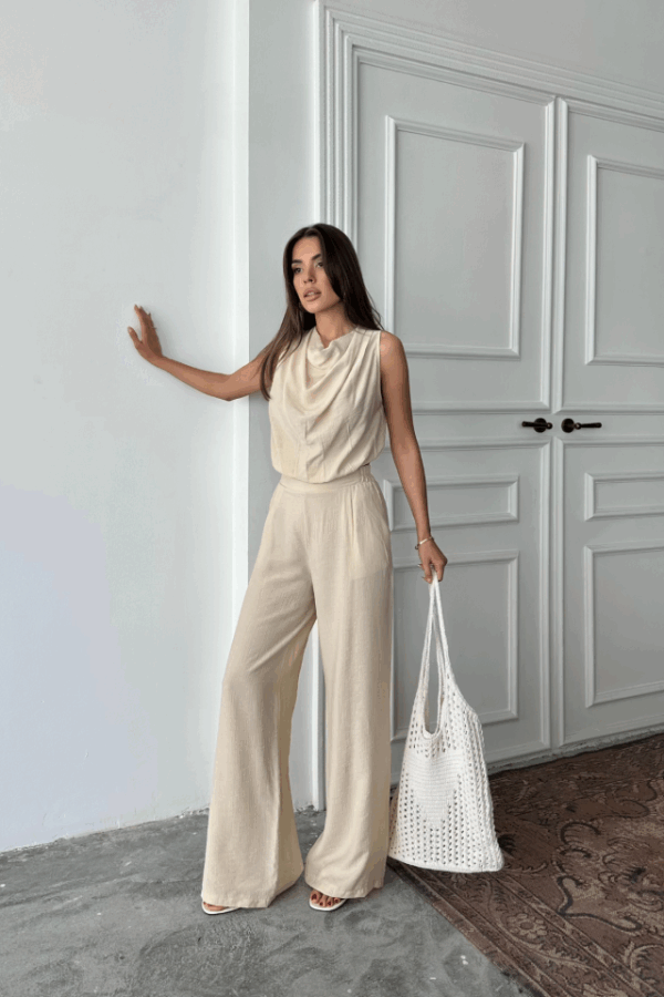 DEGAJE YAKA KOLSUZ BLUZ - PANTOLON TAKIM - Taş