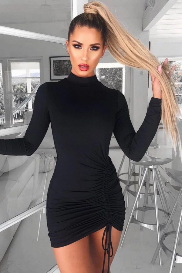 Kadın Uzun Kollu Sağ Belden Sol Etek Ucuna Doğru Hafif çapraz Büzgülü Sandy Mini Boy Elbise