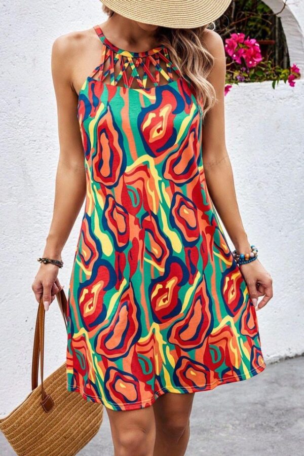 Kadın Kolsuz Yuvarlak Yaka önden çapraz şerit Detay çok Renkli Baskılı Süprem Kısa Elbise