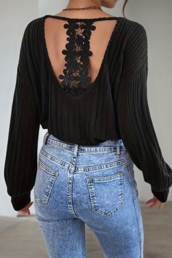 Kadın Uzun Kollu V Yakalı Pencere Sırt Dantel Detaylı Kalın Fitilli Kaşkorse Bluz