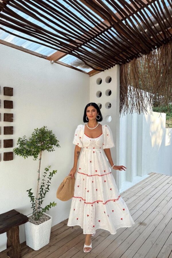 Sarı Dantel Detaylı Brode Elbise