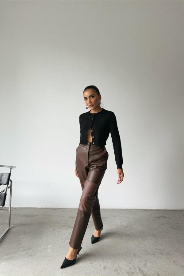 DERİ PANTOLON DİZ PARÇALI - Siyah