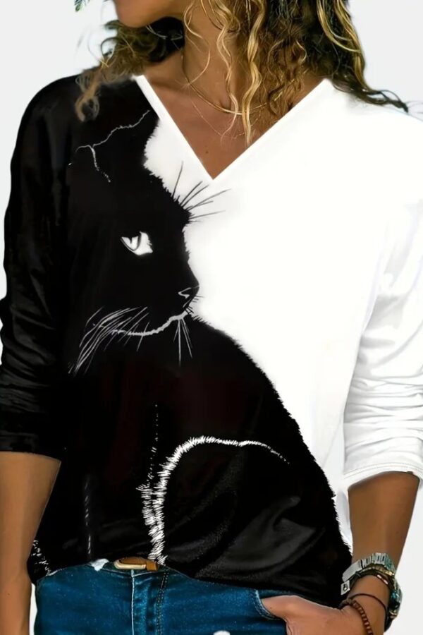 Kadın Uzun Kollu V Yakalı Kedi Baskılı şardonlu Dalgıç Bluz