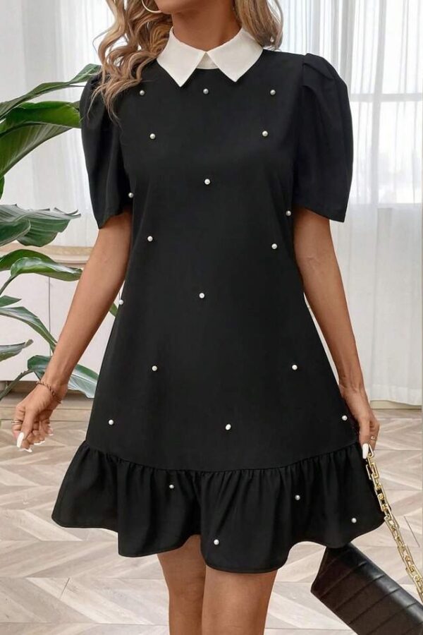 Kadın Kısa Kollu Yakalı Inci Detaylı Kısa Ithal Krep Elbise