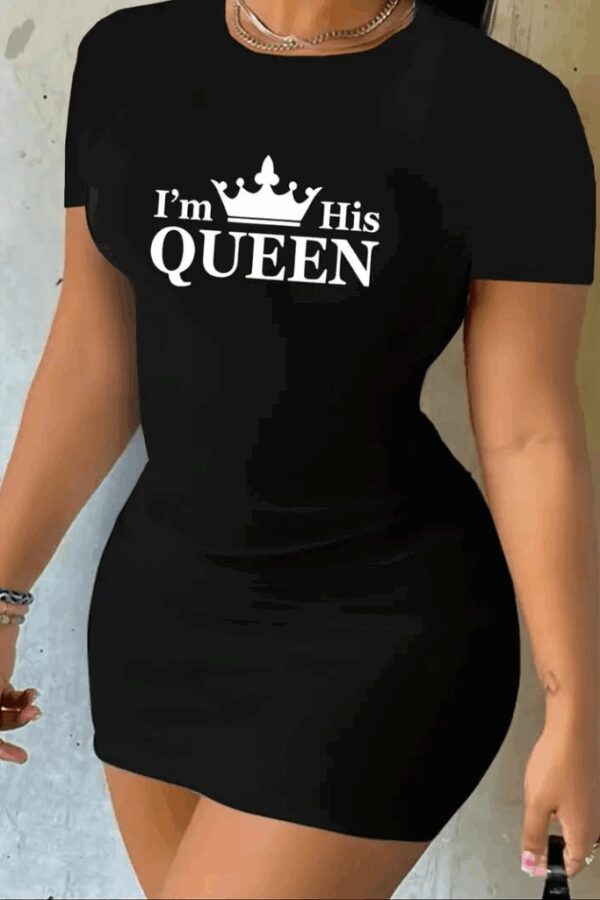 Kadın Kısa Kollu Queen Baskı Iki Iplik Mini Elbise