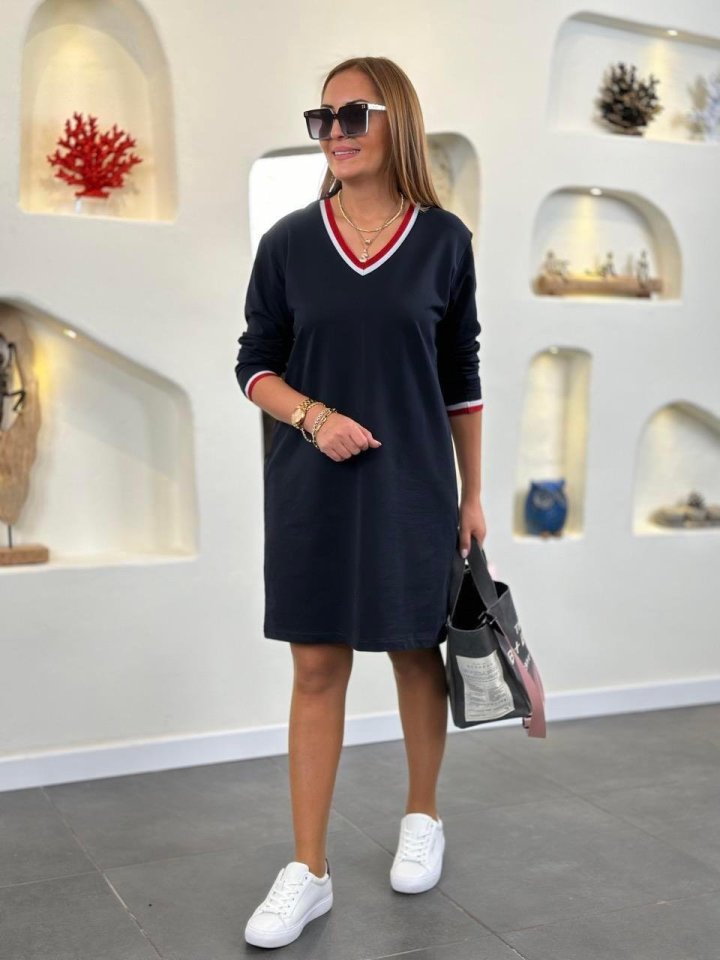 Kadın Uzun Kollu V Yaka Kol Ağzı Ve Yaka Ribana Detaylı Iki Iplik Mini Boy Elbise - Görsel 3