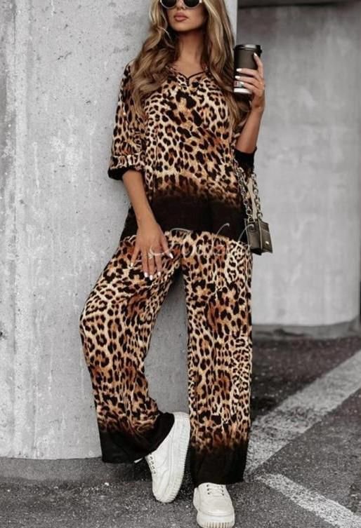 Kadın Dalgıç Kumaş Leopar Desenli Fermuar Detaylı Ikili Tamım