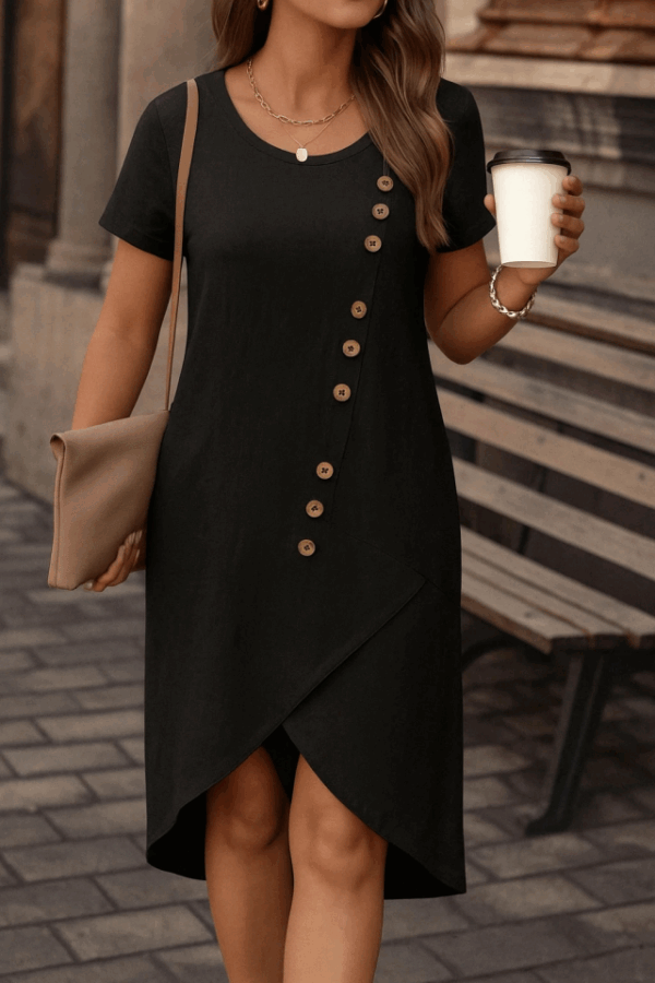 Kadın Kısa Kollu Bisiklet Yaka Düğme Detay Müslim Elbise