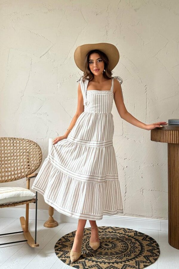 Mint Omuzdan Bağlamalı Çizgili Elbise