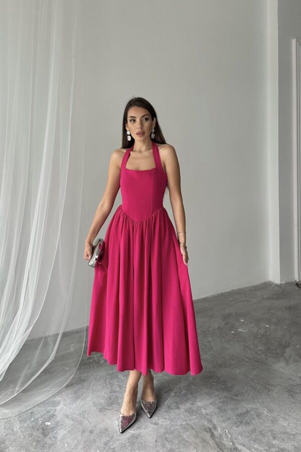 Siyah Boyundan Bağlamalı Keten Elbise