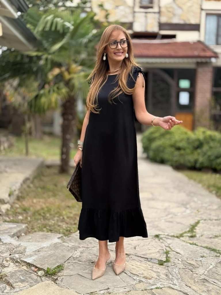 Kadın Omuzlardan Büzgülü Kayık Yaka Fırfırlı Janjan Krep Elbise - Görsel 6