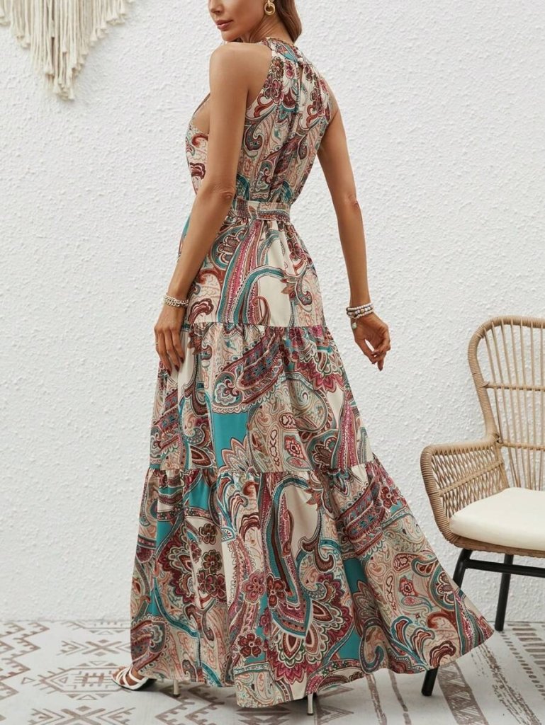 Kadın Halter Yakalı Omuzlardan Açık Kuşaklı Maksi Boy Desenli Süprem Elbise - Görsel 14