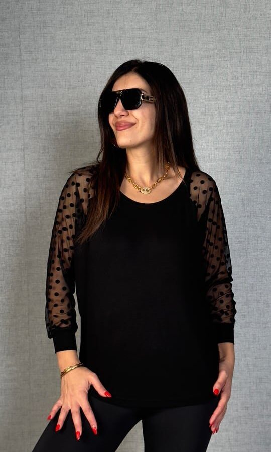 Kadın Yarasa Kol Puantiyeli Tül Detay Bluz