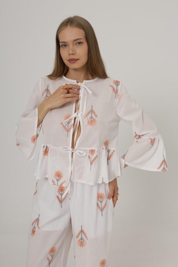 Fiyonk Bağlamalı Brode Bluz - Kahve