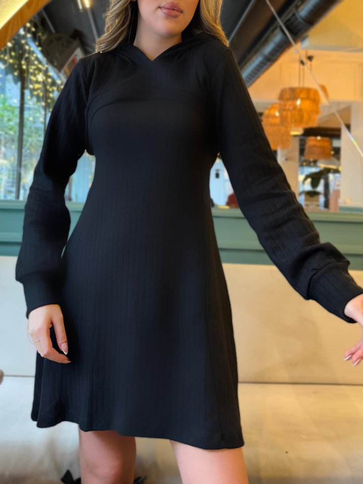 Kadın Uzun Kollu Kapüşonlu Ceket üst Ve Askısız Kare Yaka A Kesim şardonlu Kaşkorse Elbise - Görsel 2