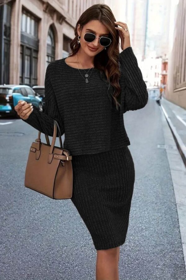 Kadın Uzun Kollu Iki Yanı Açık Yaka Detaylı Bluz Ve Etek şardonlu Kaşkorse Ikili Takım