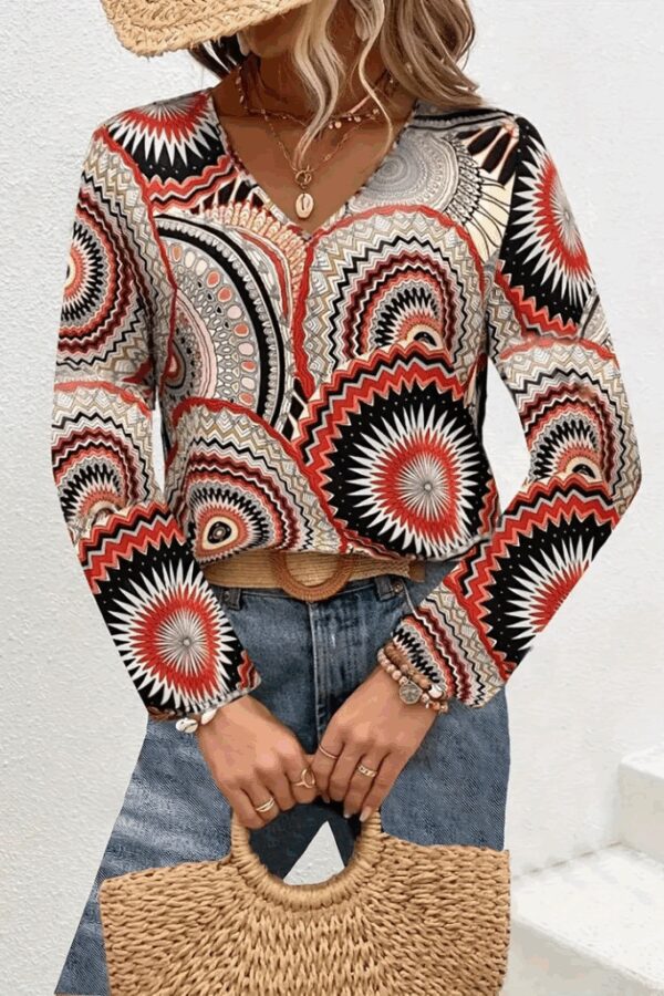 Kadın Uzun Kollu V Yakalı Desenli Süprem Bluz