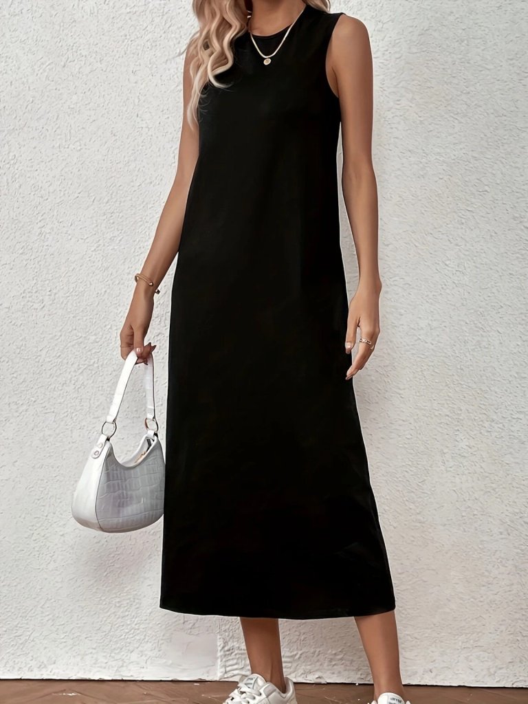 Kadın Sıfır Kollu Bisiklet Yaka Midi Viskon Iki Iplik Elbise - Görsel 4