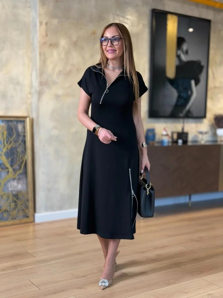 Kadın Kısa Kollu Yakadan Ve Etekten Fermuarlı Midi Viskon Iki Iplik Elbise - Görsel 5