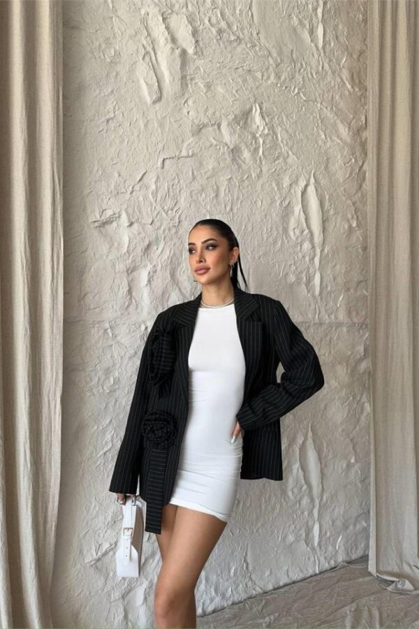 ÇİZGİLİ POLYVİSCON CEKET GÜL ARMALI - Siyah