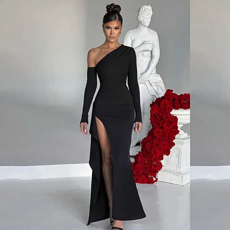 Kadın Tek Omuz Asimetrik Kesim Derin Yırtmaçlı Uzun Ithal Krep Elbise - Görsel 3