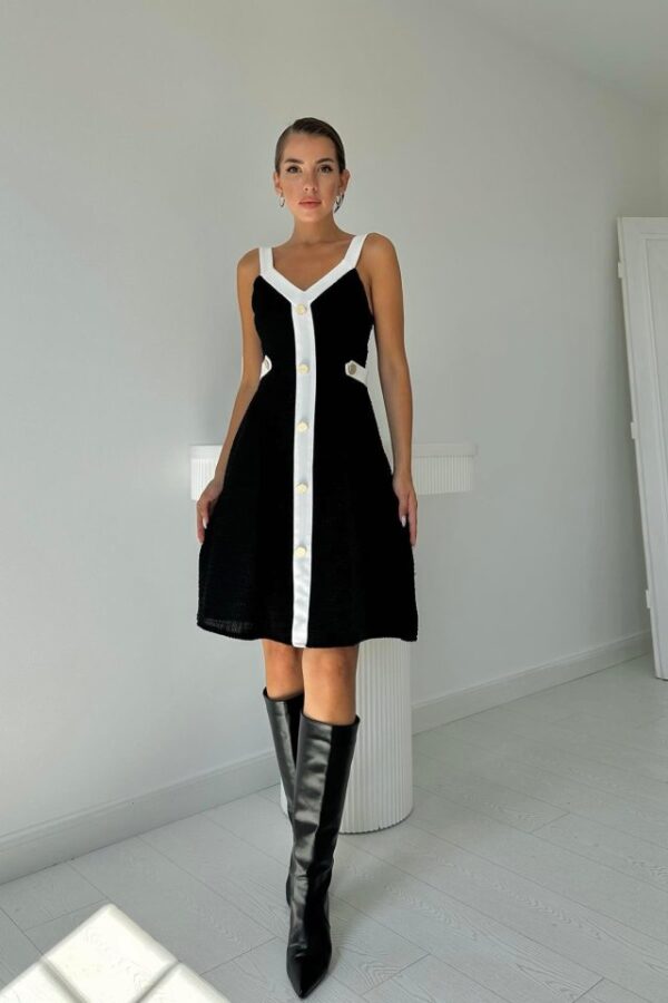 Siyah Ekru Süs Cepli Askılı Elbise